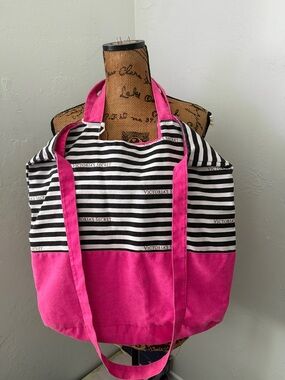 Victoria's Secret Black & Pink Striped Canvas Tote